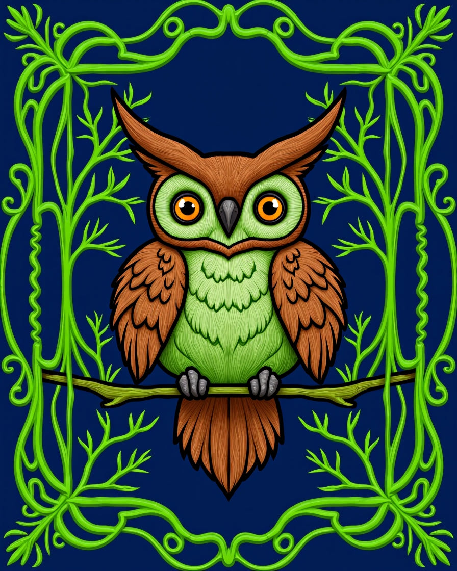 Emerald Owl Perched on Branch Rug