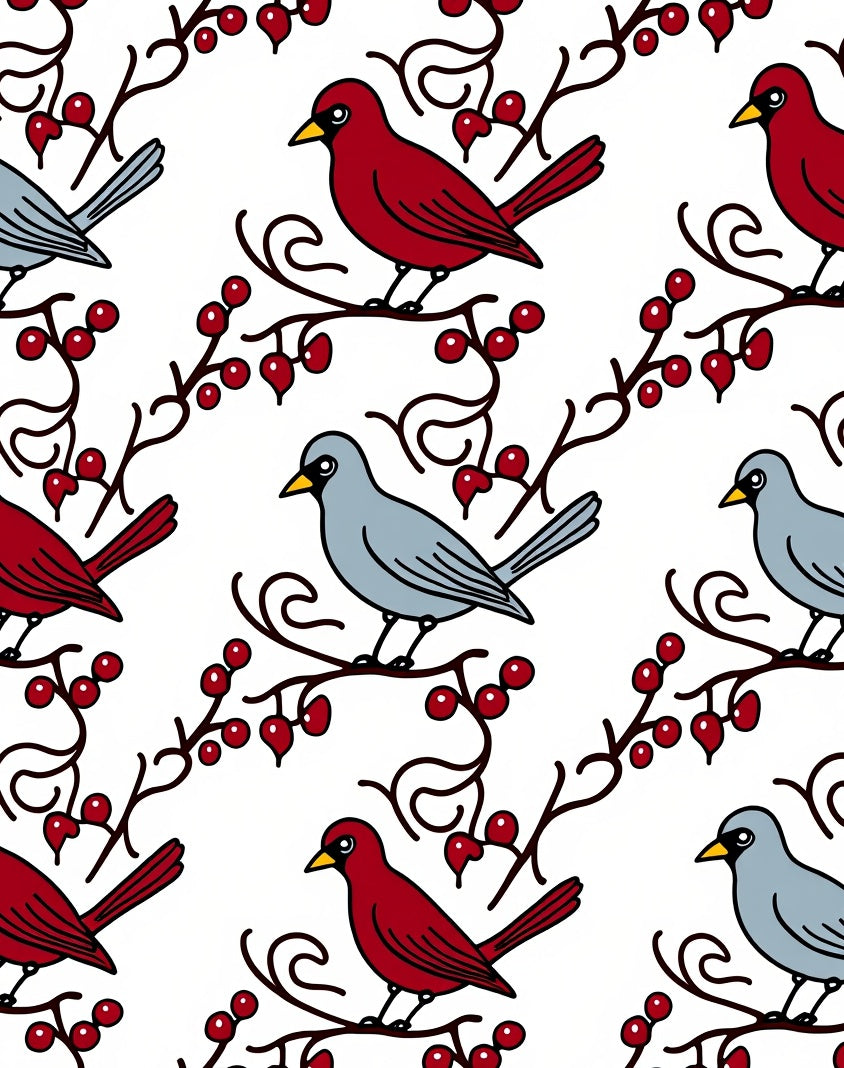 Red and Gray Birds Berries Branches Rug
