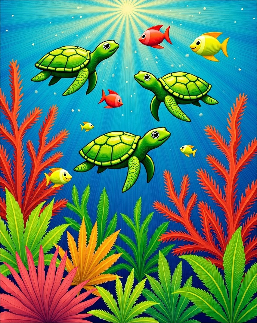 Bright Sea Turtles Coral Reef Fish Rug