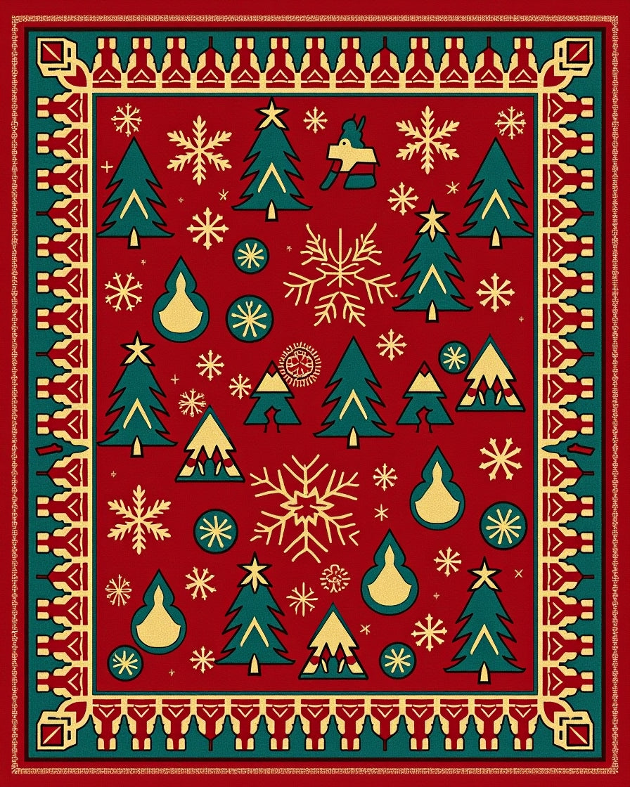 Red Emerald Pine Snowflake Holiday Rug