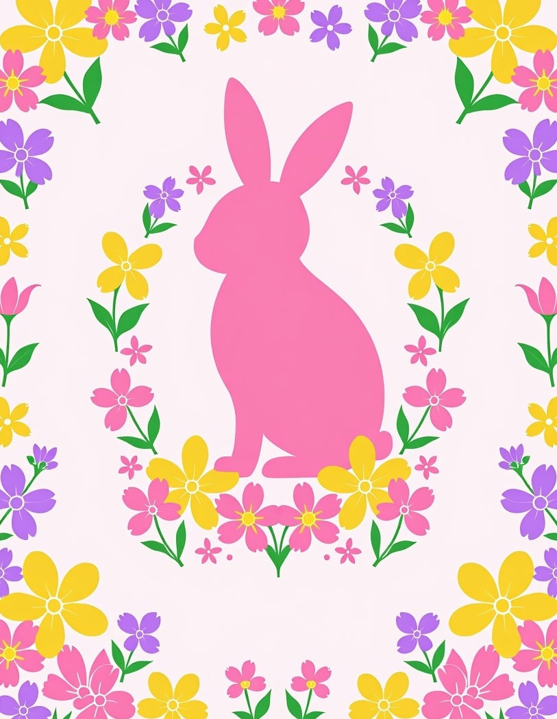 Pink bunny with colorful floral border Rug
