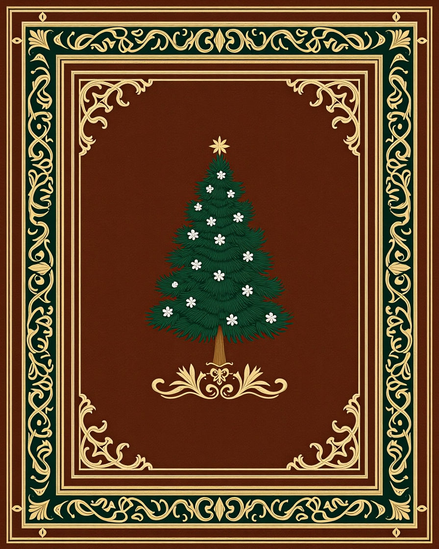 Ornate Green Christmas Tree Brown Rug