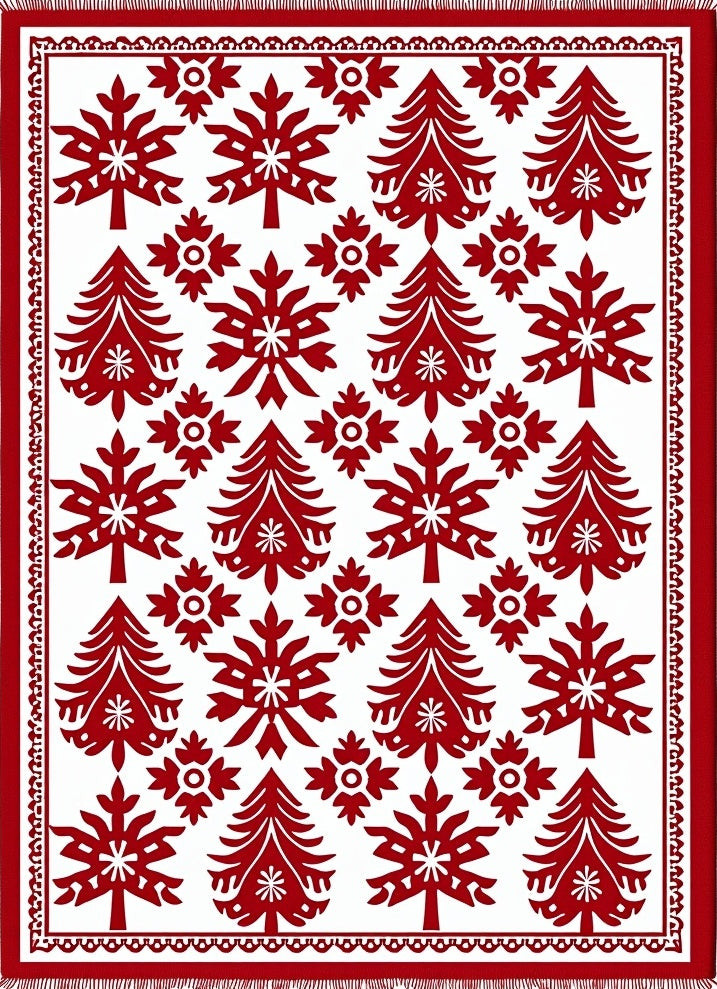 Red Christmas Tree Snowflakes Border Rug