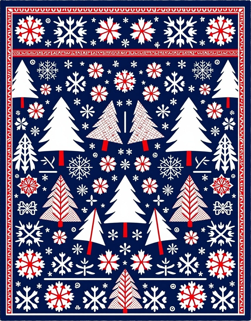 Red White Blue Christmas Trees Snowflakes Rug