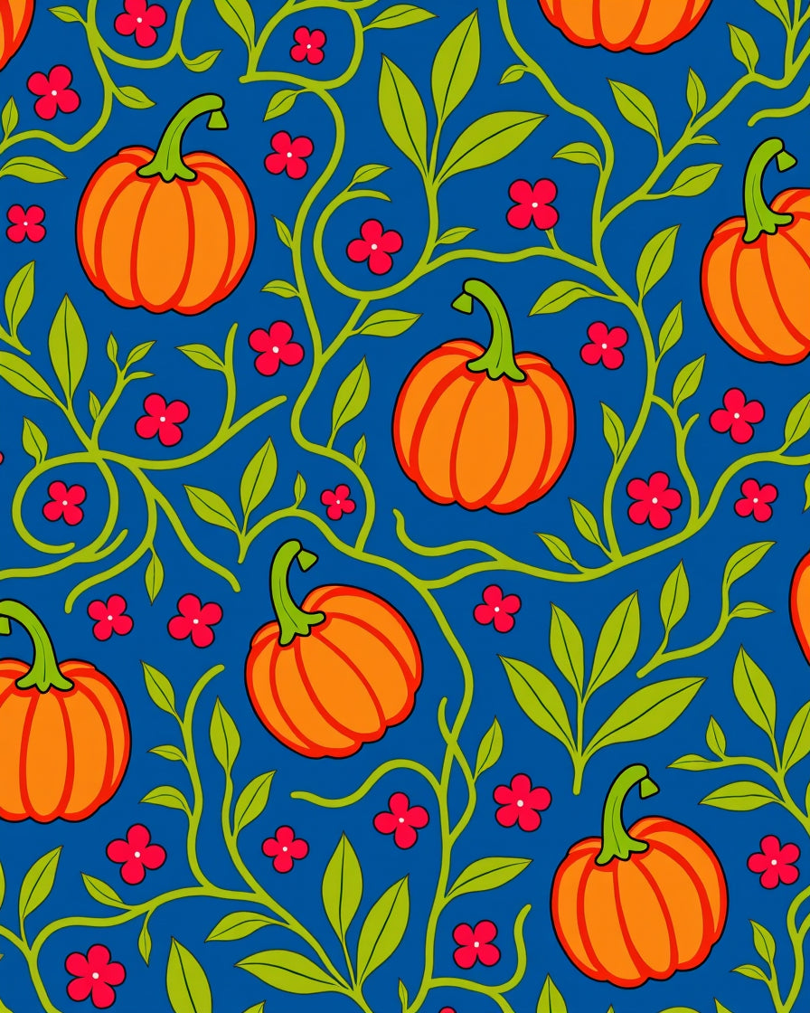 Bold Orange Pumpkin Vine Motif Rug