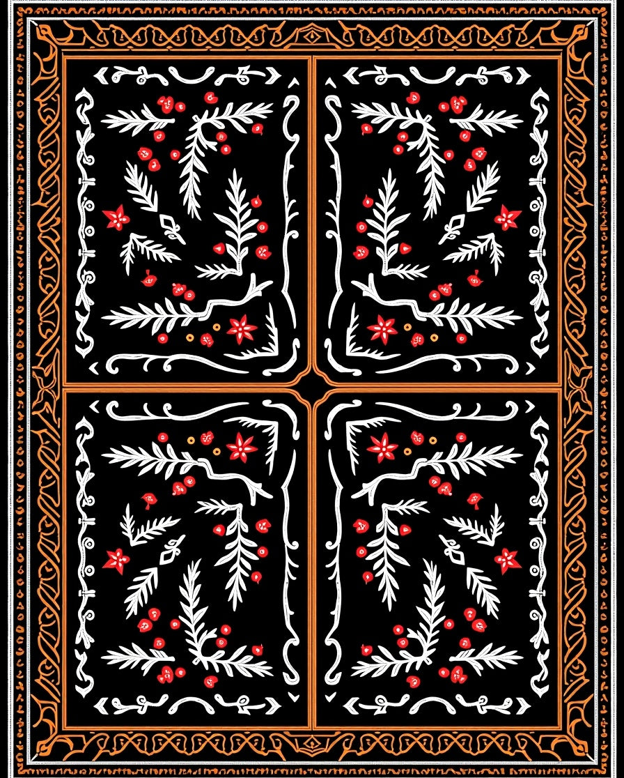 Black Red White Floral Border Rug
