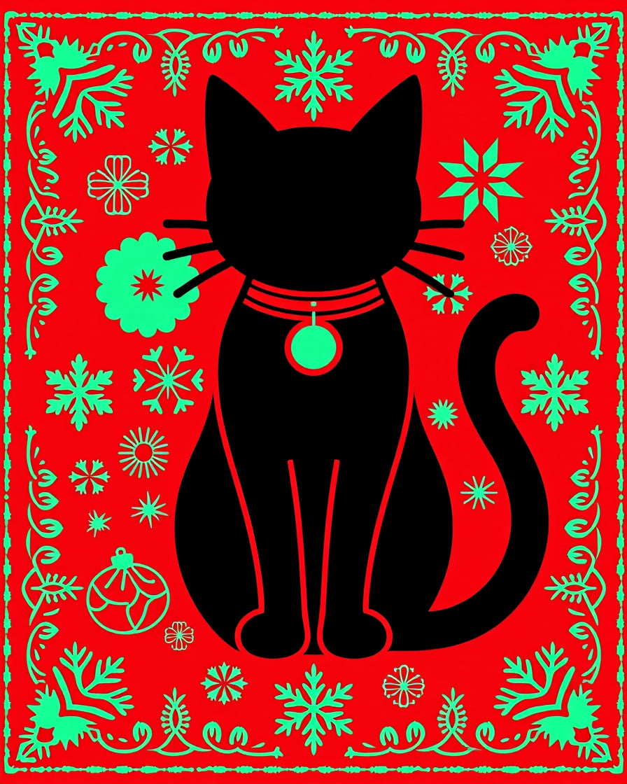 Black Cat Festive Snowflake Border Rug
