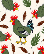 Green Roosters Red Feather Leaves Rug