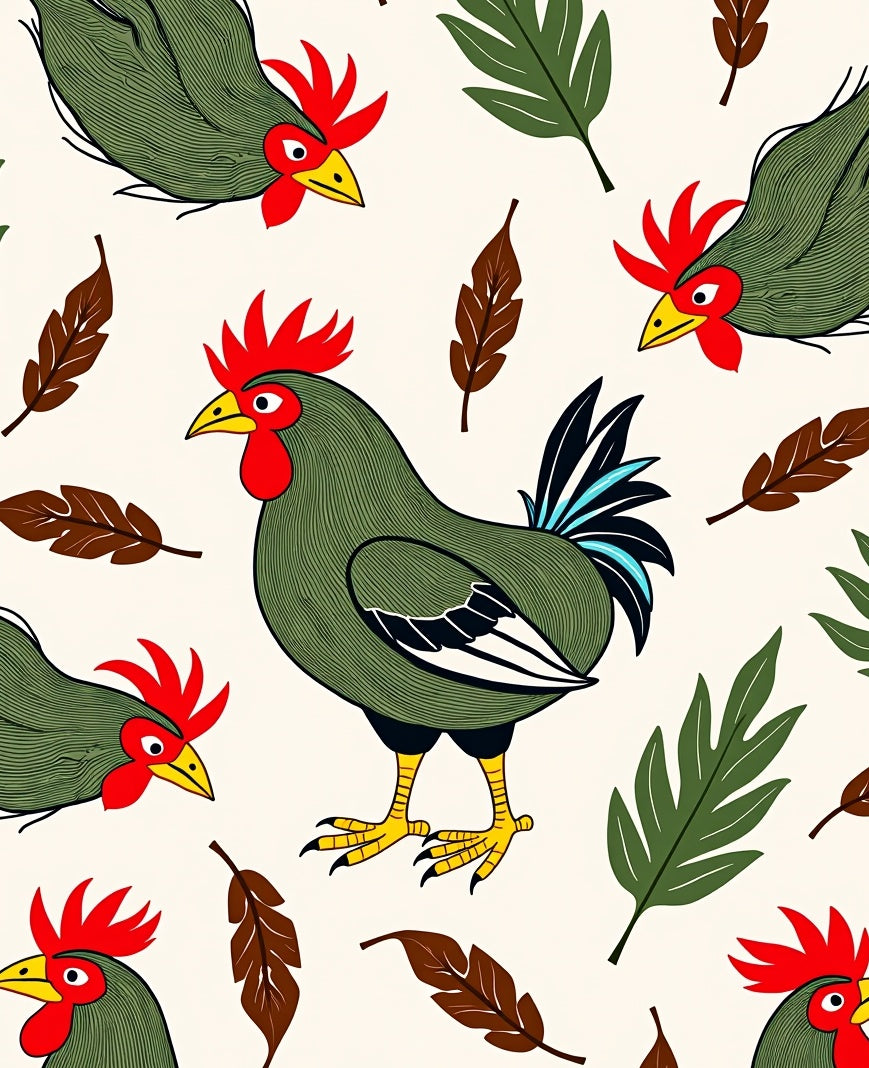 Green Roosters Red Feather Leaves Rug
