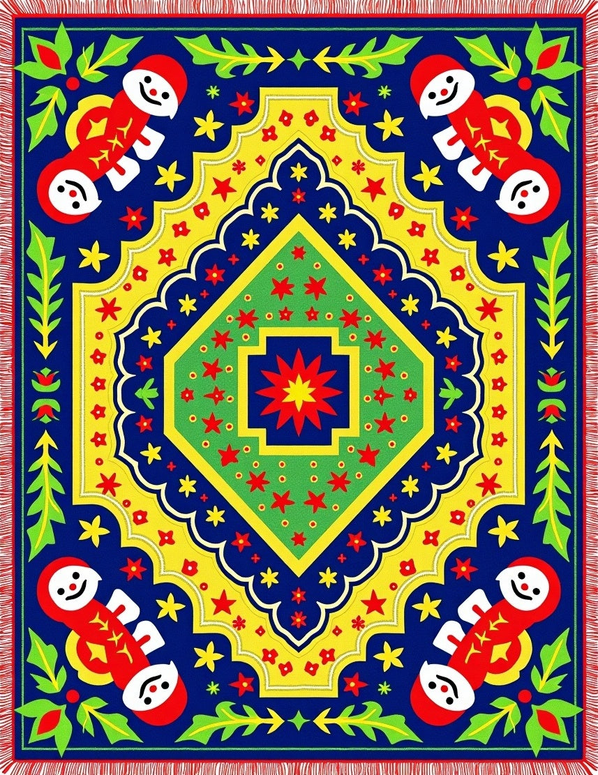 Bold Red Blue Folk Art Medallion Rug
