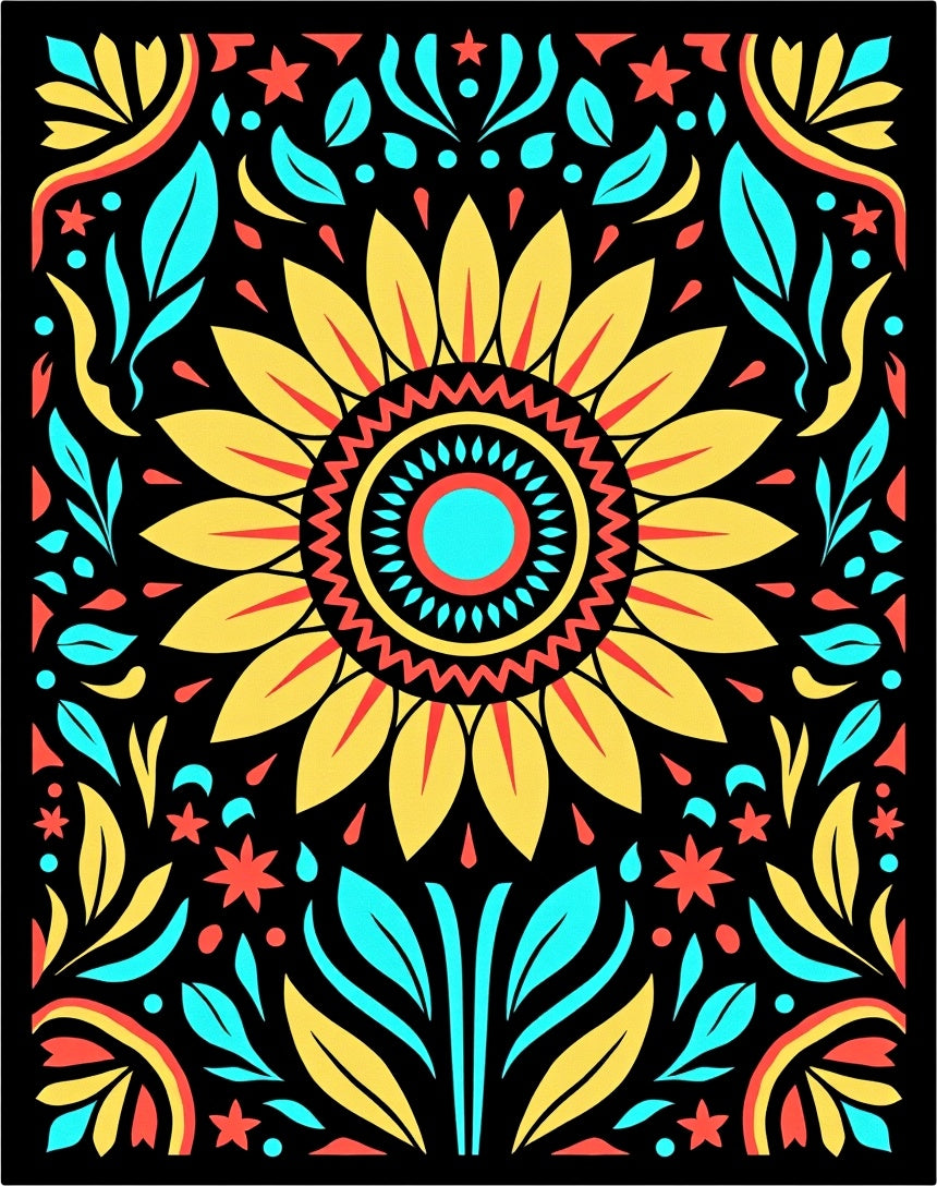 Vibrant Yellow Sunflower Folk Art Rug