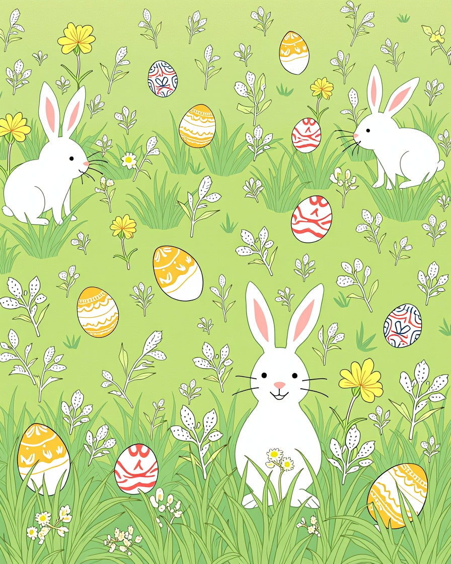 Whimsical White Bunnies Yellow Eggs Meadow Rug