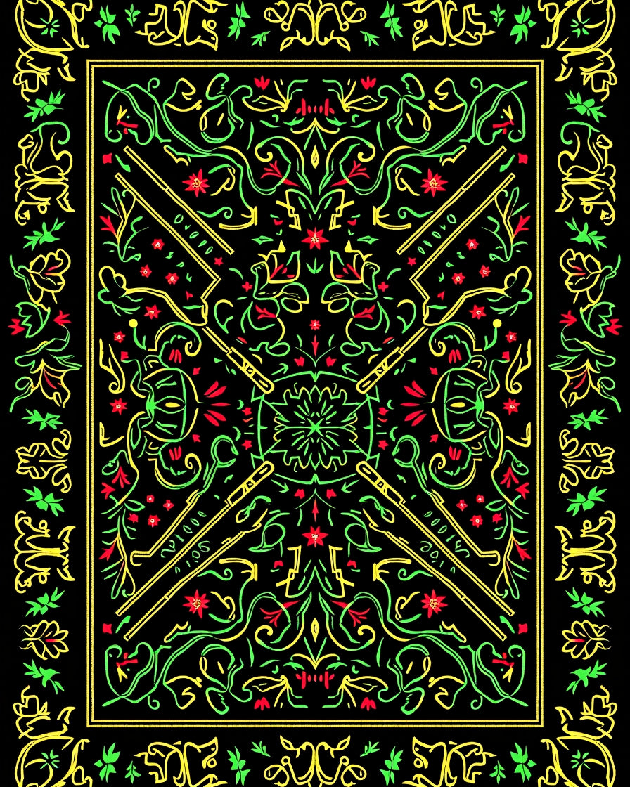 Vivid Red Green Yellow Ornate Scroll Rug