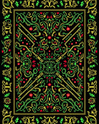 Vivid Red Green Yellow Ornate Scroll Rug