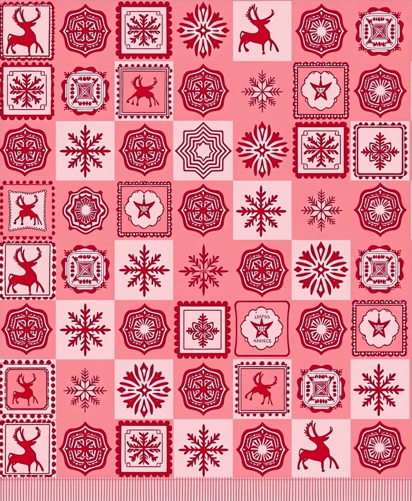 Festive Red Reindeer Snowflake Medallion Mosaic Rug