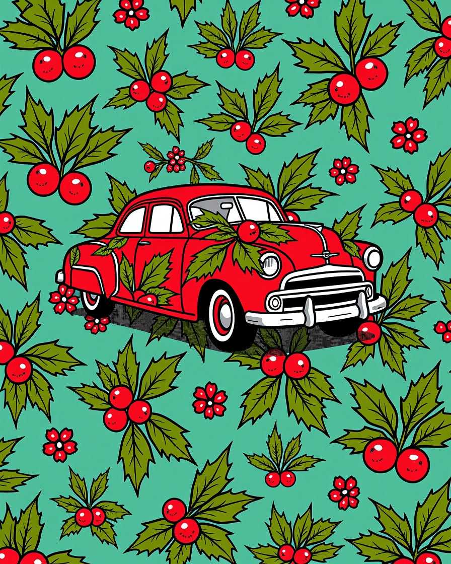 Red Vintage Car Festive Holly Rug