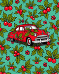 Red Vintage Car Festive Holly Rug
