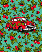 Red Vintage Car Festive Holly Rug