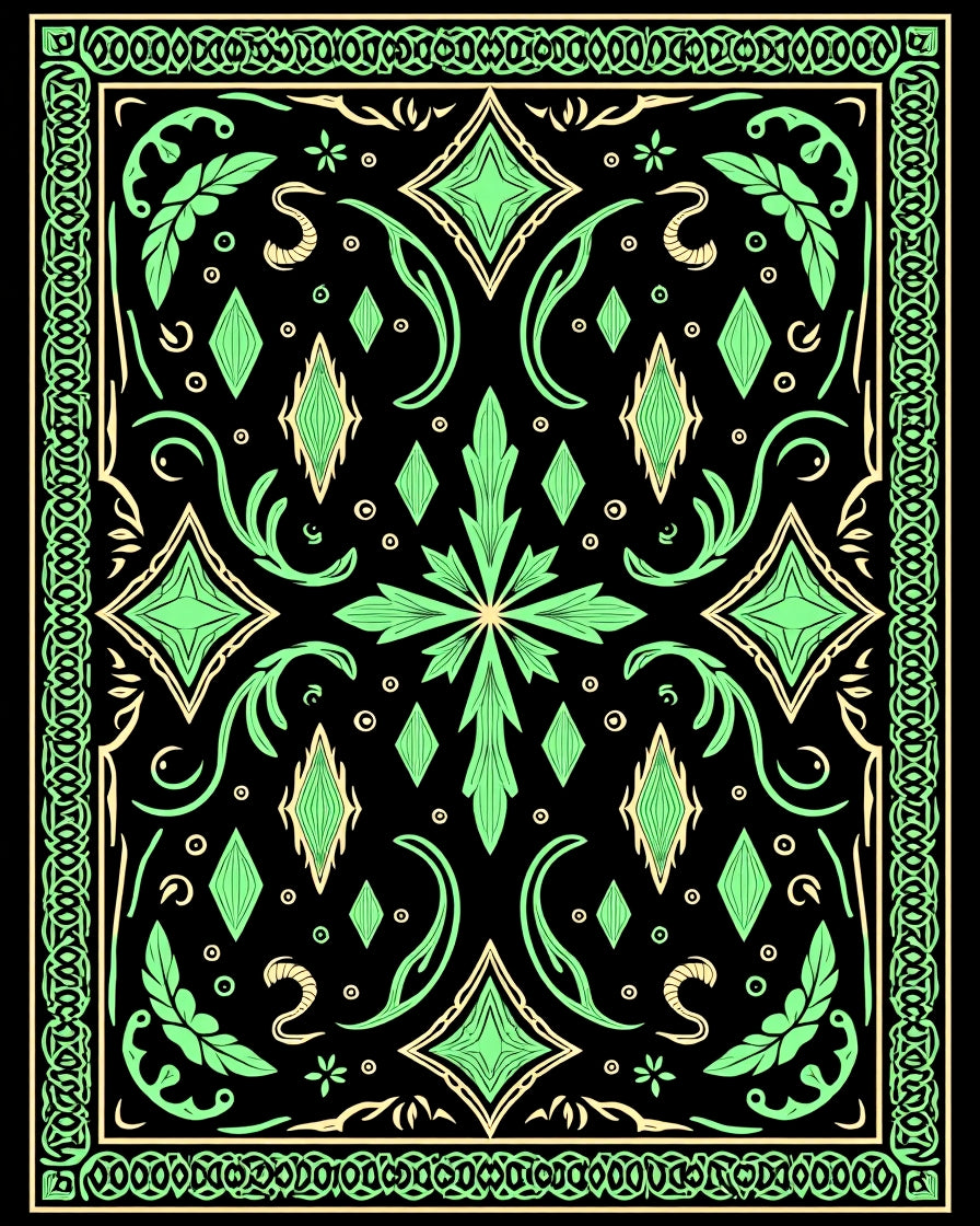 Green Black Elaborate Diamond Floral Border Rug