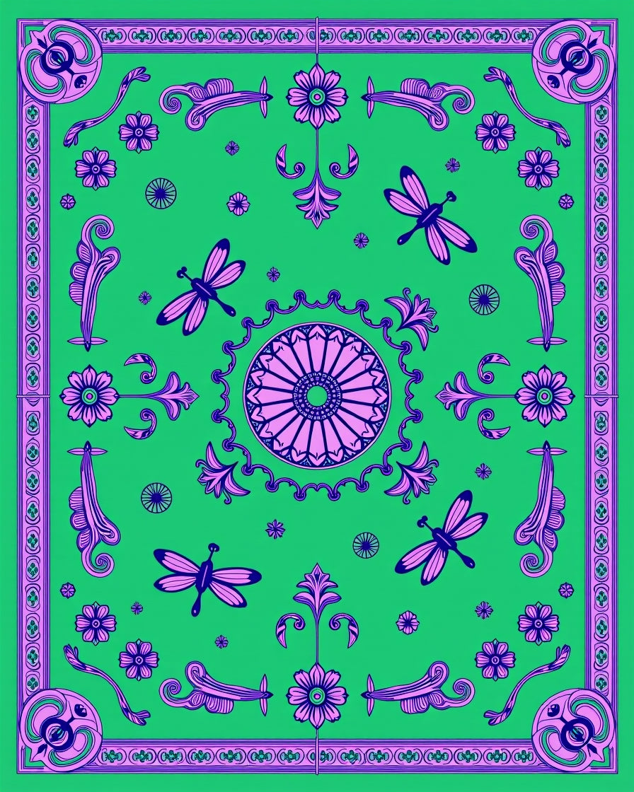 Vibrant Green Dragonfly Floral Medallion Rug