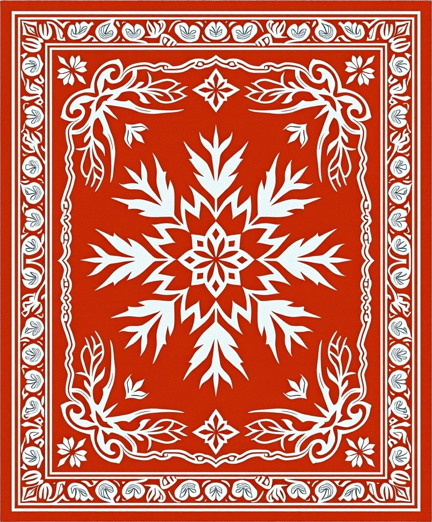 Vibrant Red White Floral Frame Rug