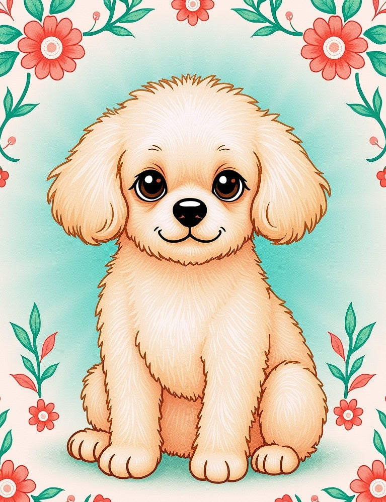 Whimsical Cream Puppy Floral Garden Rug