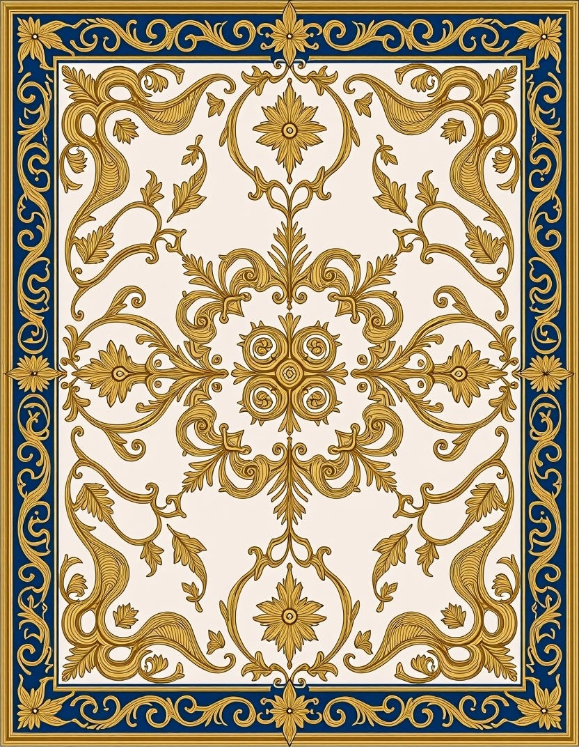 Golden Royal Blue Baroque Scroll Rug