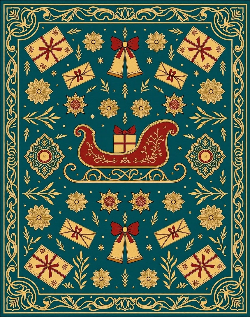 Teal Red Gold Sleigh Gift Bells Border Rug