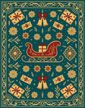 Teal Red Gold Sleigh Gift Bells Border Rug