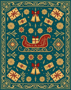 Teal Red Gold Sleigh Gift Bells Border Rug