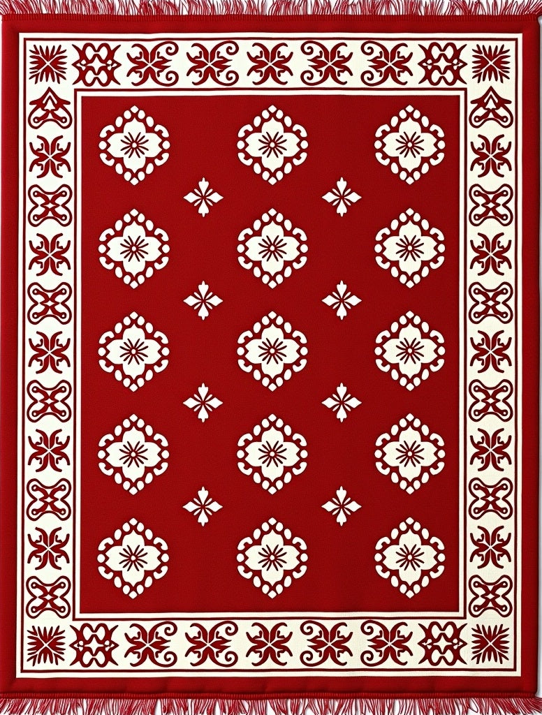 Crimson White Ornamental Medallion Border Rug