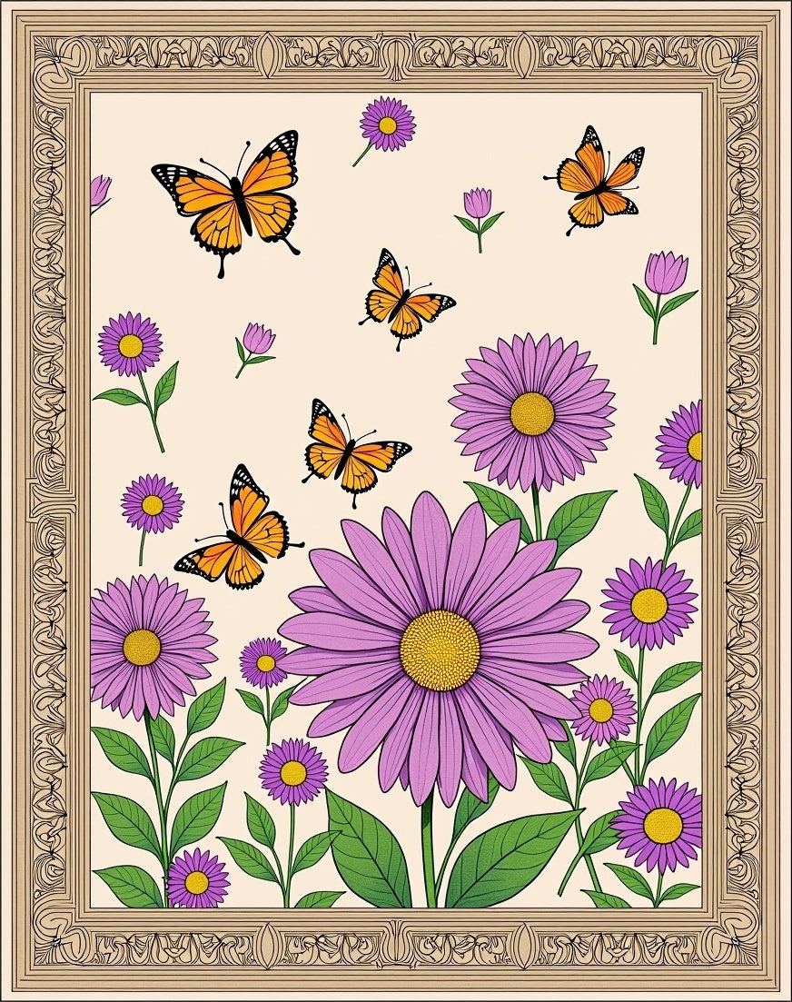 Orange Butterflies Purple Daisy Garden Rug