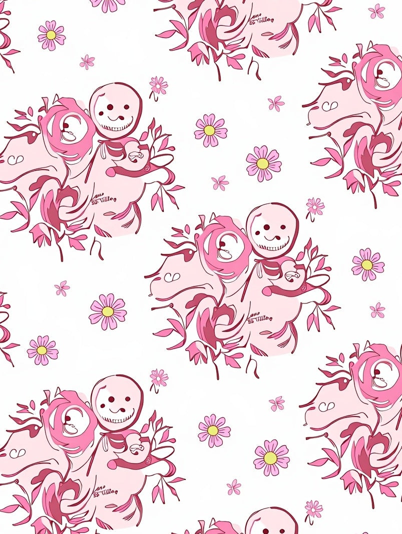 Sweet Pink Floral Character Collage Rug