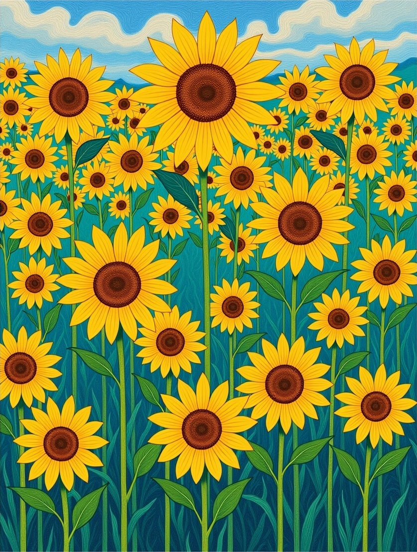 Golden Sunflower Field Sky Blues Rug