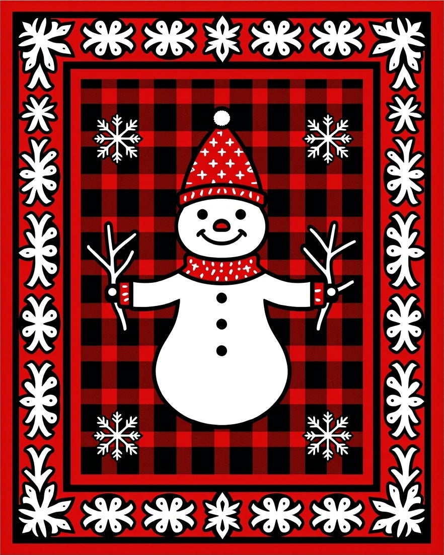 Red Black Buffalo Check Snowman Snowflakes Border Rug