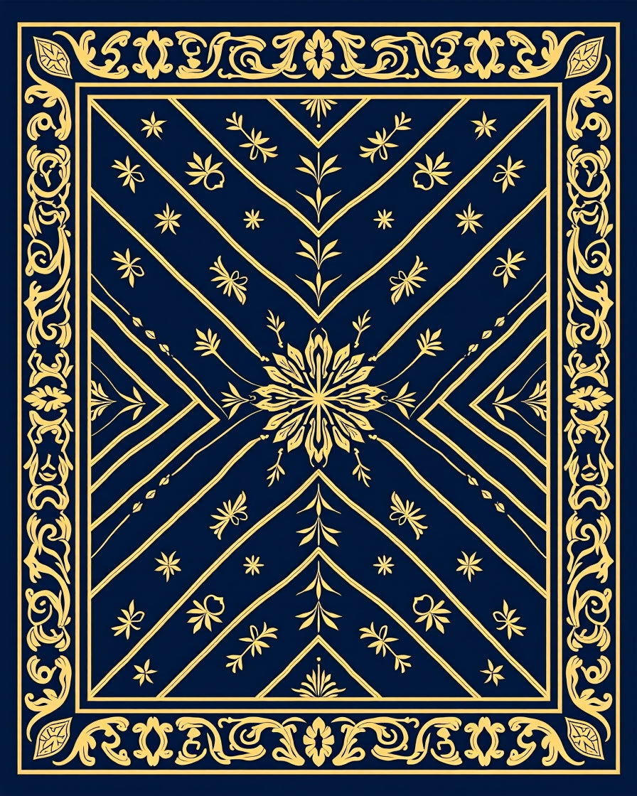 Golden Navy Floral Medallion Lattice Rug