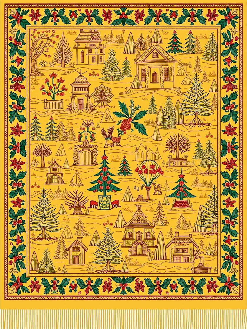 Yellow Winter Village Holly Border Rug