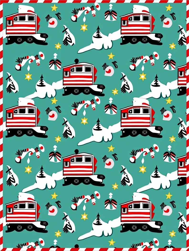Red Holiday Train Candy Cane Stars Rug
