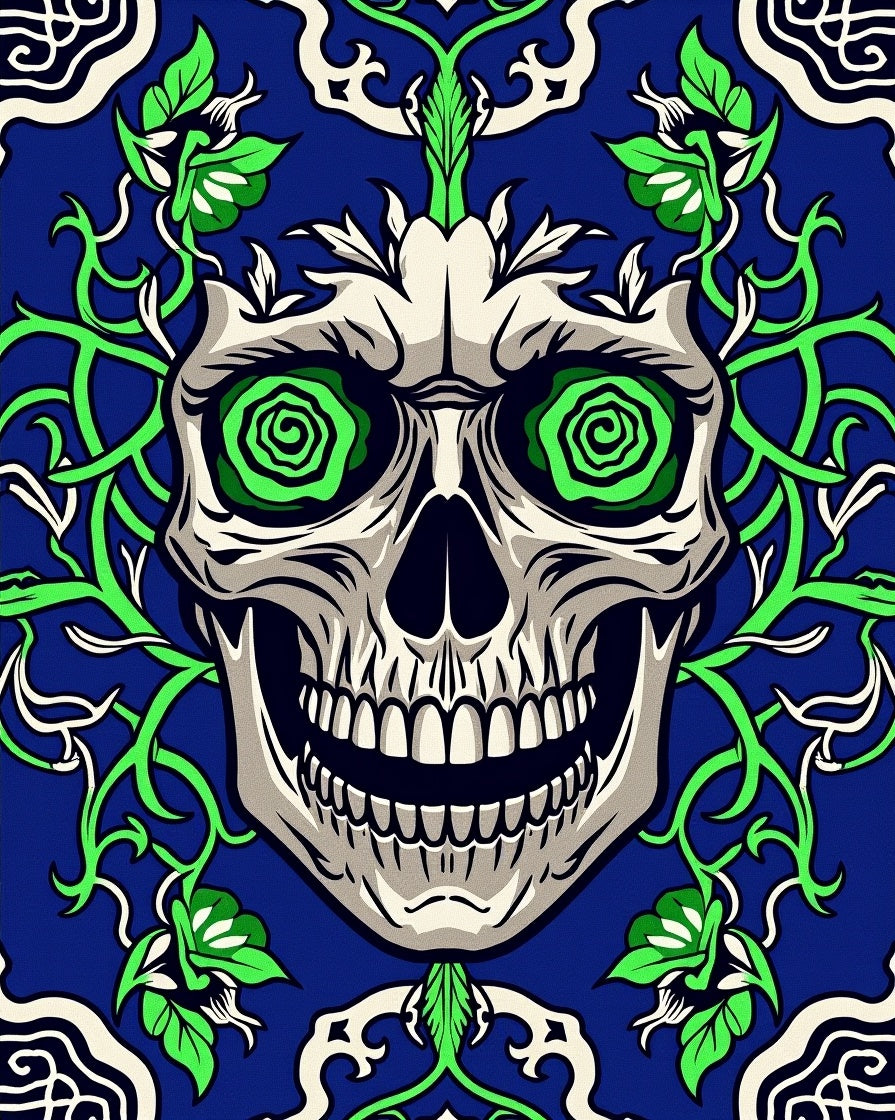 Gothic Skull Green Floral Blue Rug