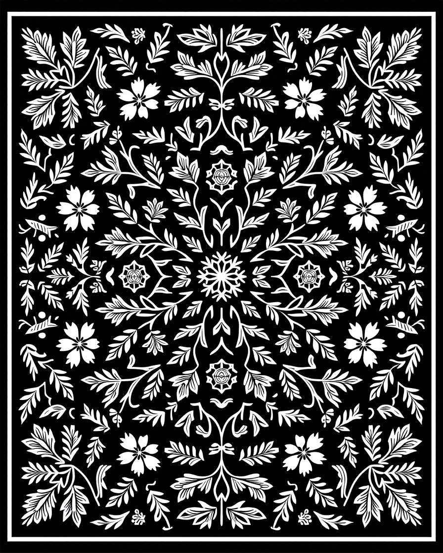 White Floral Black Ornamental Lattice Rug