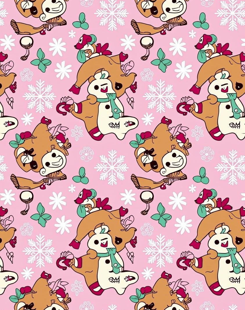 Cute Festive Animal Snowflakes Pink Rug