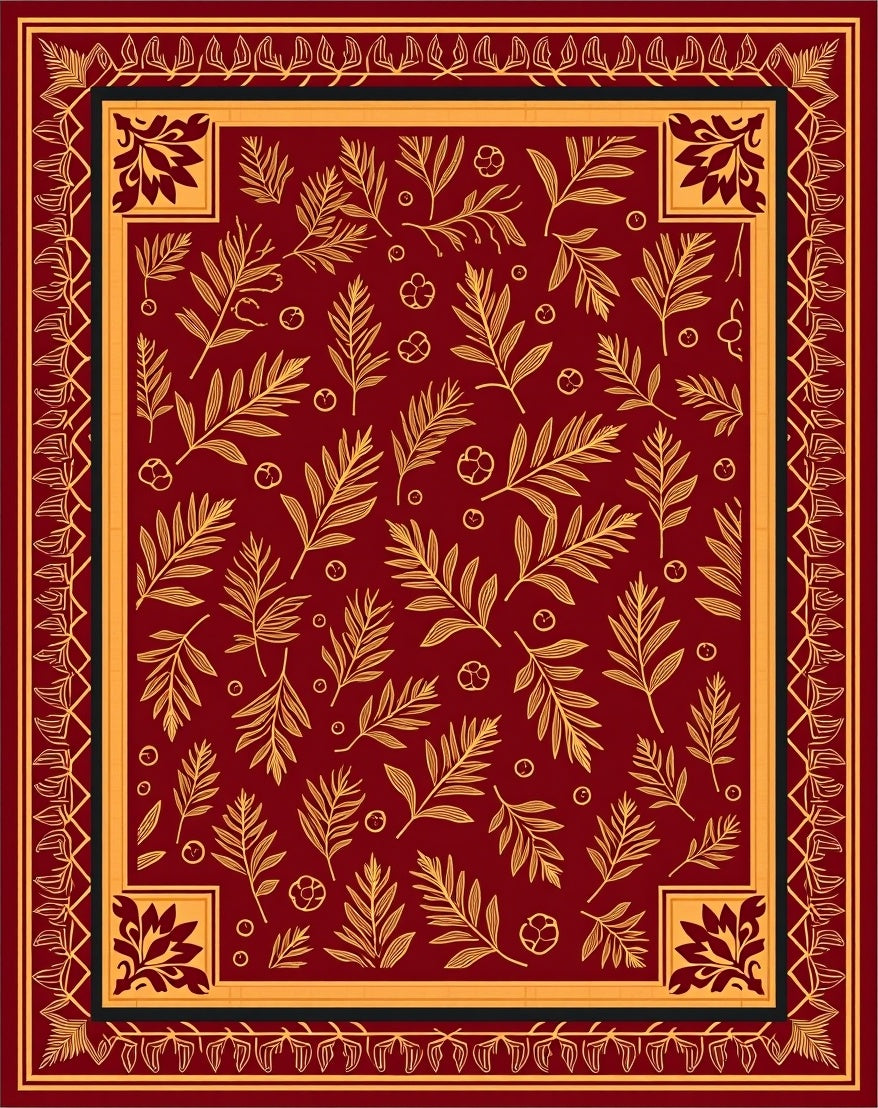 Crimson Gold Leaf Botanical Border Rug