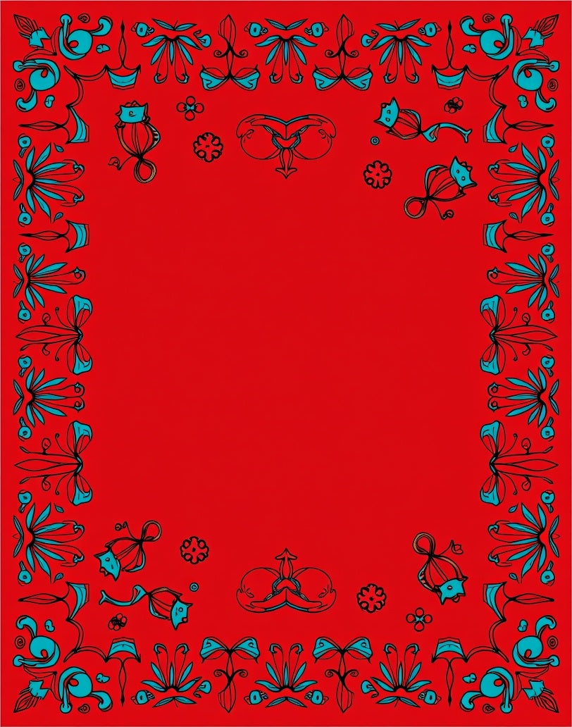 Crimson Cyan Folk Botanical Border Rug