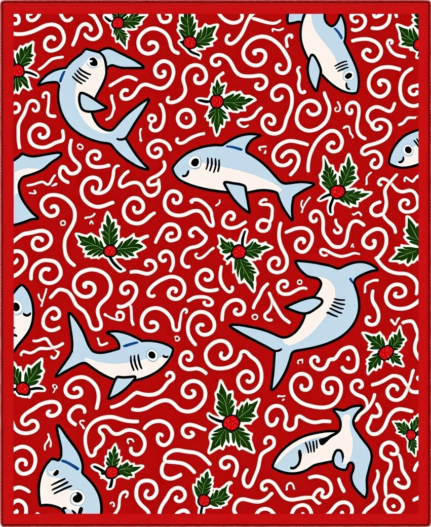Whimsical Red Shark Holly Swirl Rug