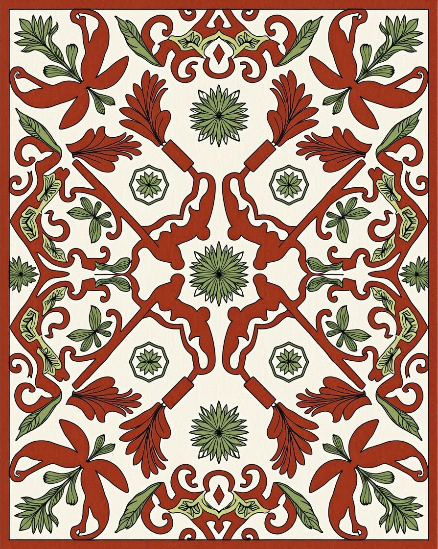 Terracotta Green Floral Botanical Medallion Rug