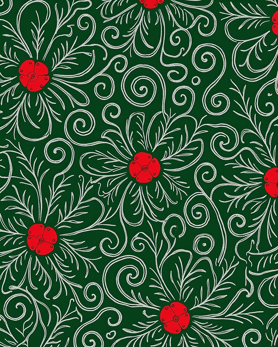 Crimson Floral Swirls Emerald Rug