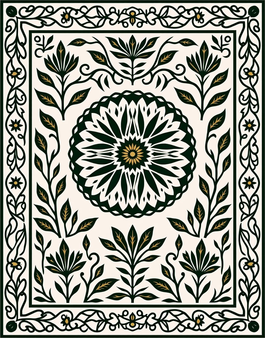 Dark Emerald Floral Medallion Frame Rug