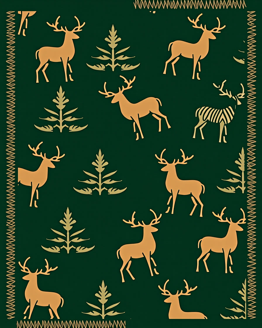 Golden Deer Evergreen Forest Scene Rug