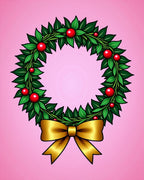 Green Leaf Red Berry Golden Bow Wreath Rug