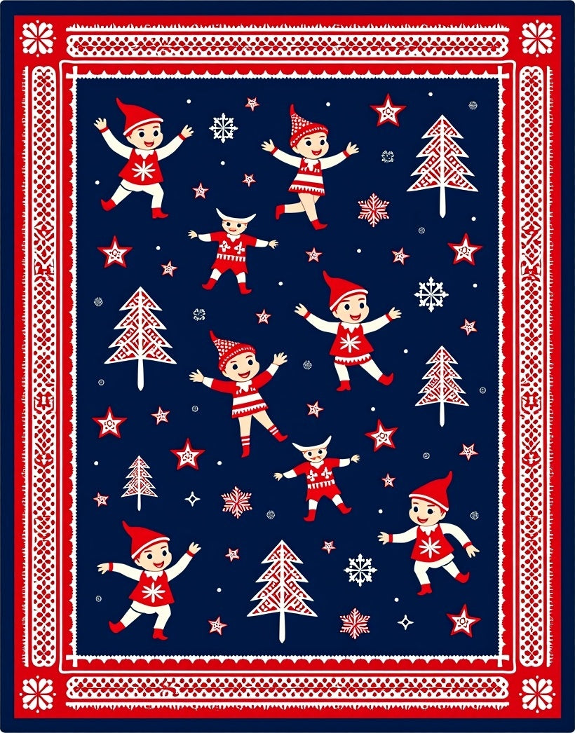 Festive Elves Red White Navy Christmas Rug